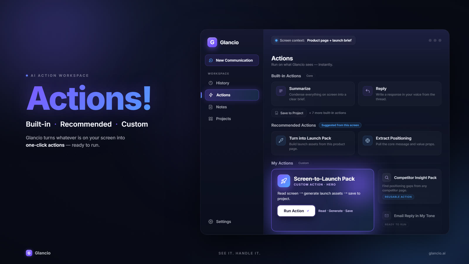 Glancio Actions: Built-in, Recommended, and Custom actions ready to run